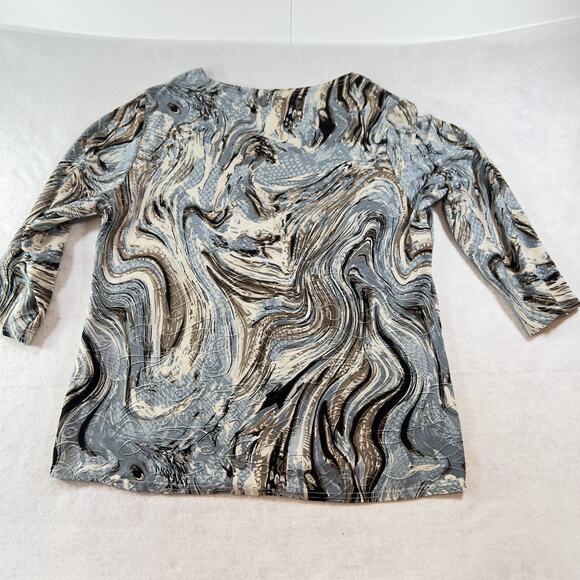 Cathy Blouse Woman LJewel Neck 3/4 Sleeve Blue Brown Black Textured Fabric - Picture 3 of 11